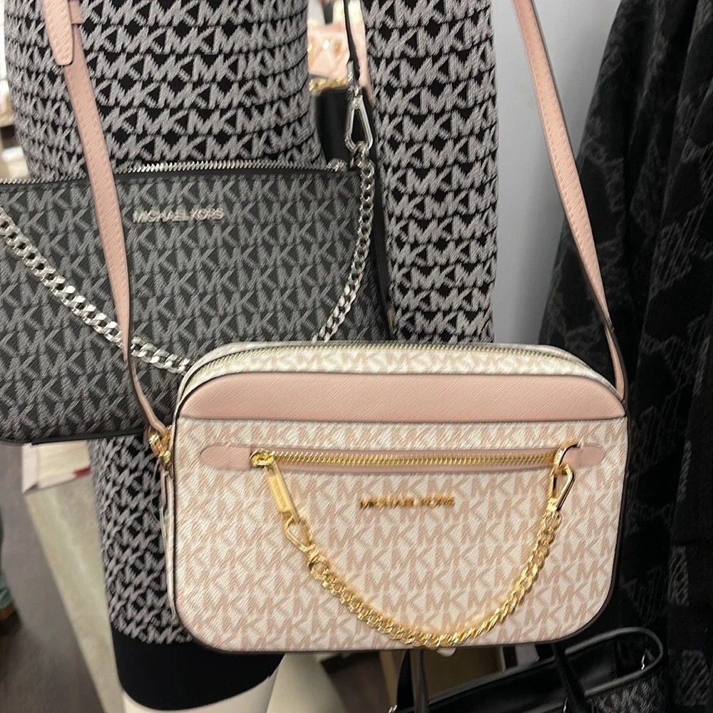 Michael Kors Jet Set Item Large East West Zip Chain Crossbody Optic White/Rsgld